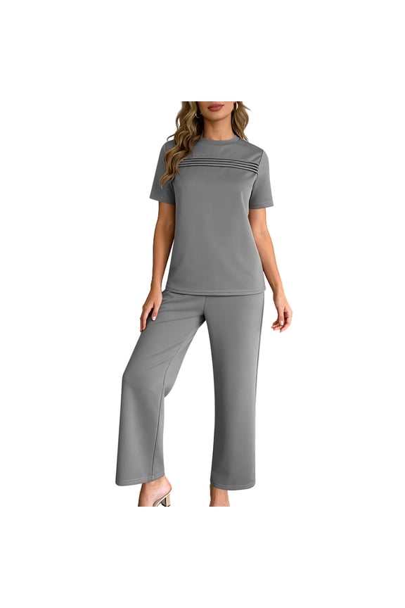 Women's 2 Piece Casual Set Solid Color Travel Outfits Spring Tracksuit Crewneck Tops and Wide Leg Long Pants Summer Sets