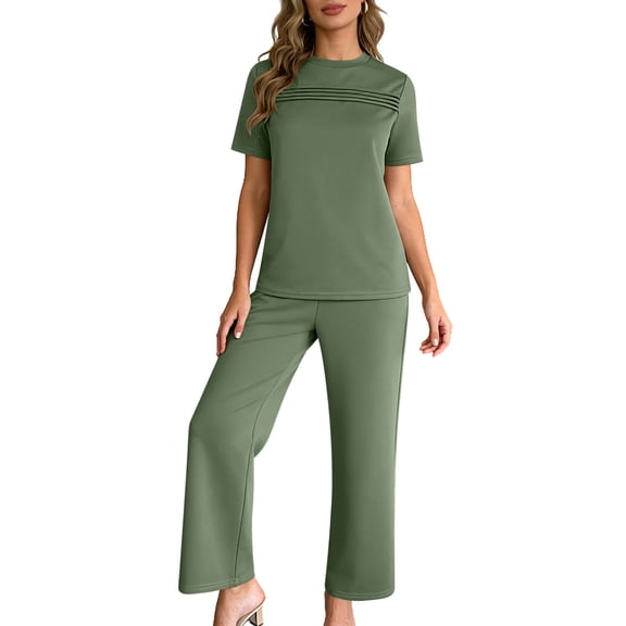 gbyLJF Women's 2 Piece Casual Set Solid Color Travel Outfits Spring Tracksuit Crewneck Tops and Wide Leg Long Pants Summer Sets
