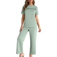 thumbnail image 1 of gbyLJF Women's 2 Piece Casual Set Solid Color Travel Outfits Spring Tracksuit Crewneck Tops and Wide Leg Long Pants Summer Sets, 1 of 9