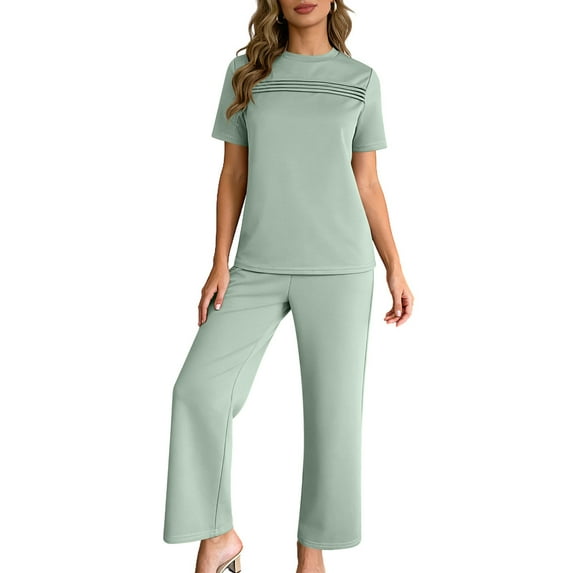 gbyLJF Women's 2 Piece Casual Set Solid Color Travel Outfits Spring Tracksuit Crewneck Tops and Wide Leg Long Pants Summer Sets