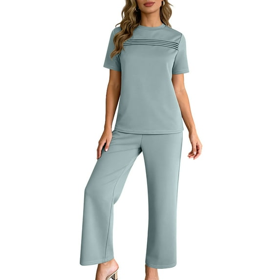 gbyLJF Women's 2 Piece Casual Set Solid Color Travel Outfits Spring Tracksuit Crewneck Tops and Wide Leg Long Pants Summer Sets