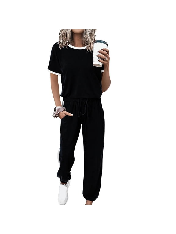 Women's 2 Piece Outfits Short Sleeve Tops with Drawstring Jogger 2026 Summer Tracksuit Casual Sweatsuit