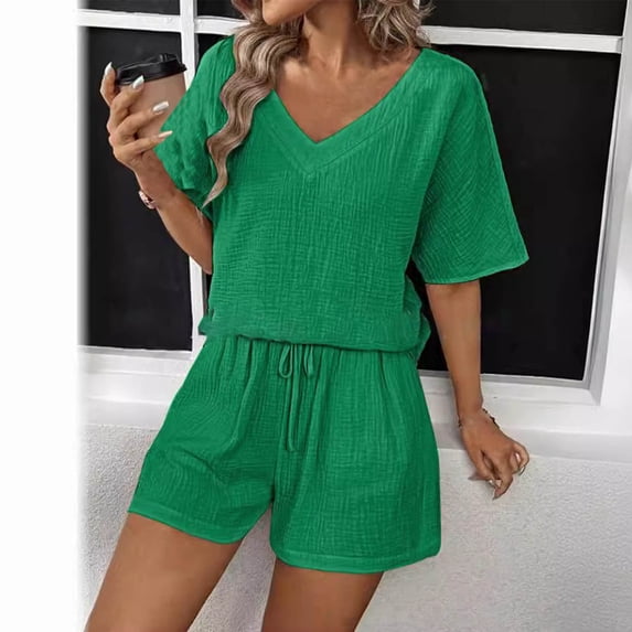 gbyLJF Women's 2 Piece Sets Solid Color V-neck Tops and Drawstring Elastic Waisted Shorts Loose Fit Summer Short Outfits