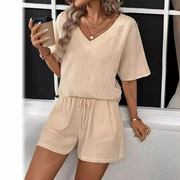 gbyLJF Women's 2 Piece Sets Solid Color V-neck Tops and Drawstring Elastic Waisted Shorts Loose Fit Summer Short Outfits