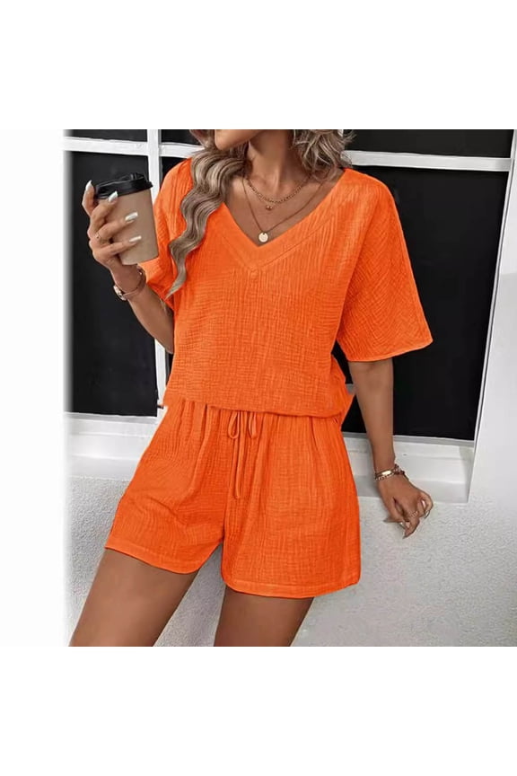 Women's 2 Piece Sets Solid Color V-neck Tops and Drawstring Elastic Waisted Shorts Loose Fit Summer Short Outfits
