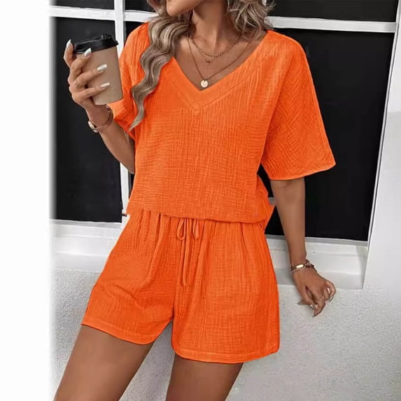gbyLJF Women's 2 Piece Sets Solid Color V-neck Tops and Drawstring Elastic Waisted Shorts Loose Fit Summer Short Outfits