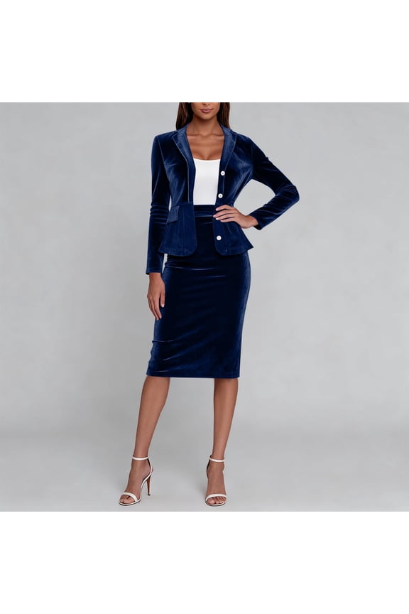Women's 2 Piece Velvet Suit Office Work Suit Notch Lapel Button Down Blazer Dress Skirt Business Suit SetNavy,S