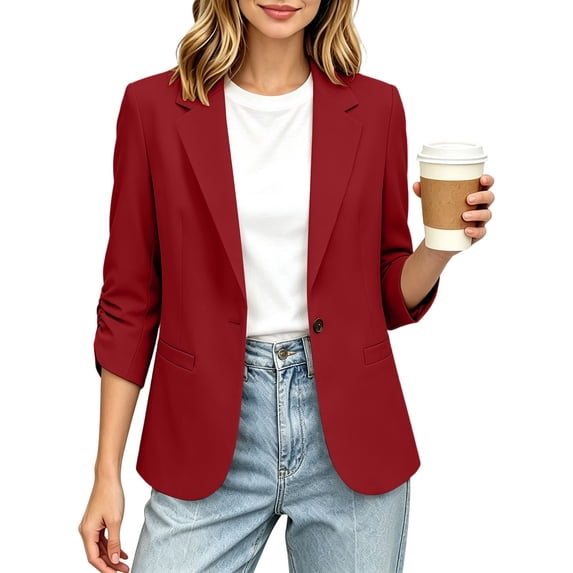 gbyLJF Women's 3/4 Ruched Sleeve Blazer Lightweight Single Button Front Office Jacket Casual Business Notched Lapel Cardigan