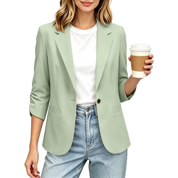 gbyLJF Women's 3/4 Ruched Sleeve Blazer Lightweight Single Button Front Office Jacket Casual Business Notched Lapel Cardigan