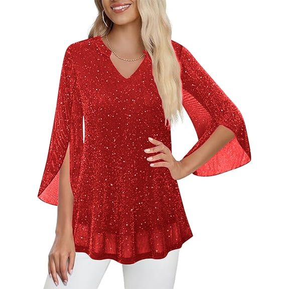 gbyLJF Women's 3/4 Sleeve Dressy Shirts Sparkly Sequin Solid Color Breathable V-Neck Blouse Party Glitter Tops for Women
