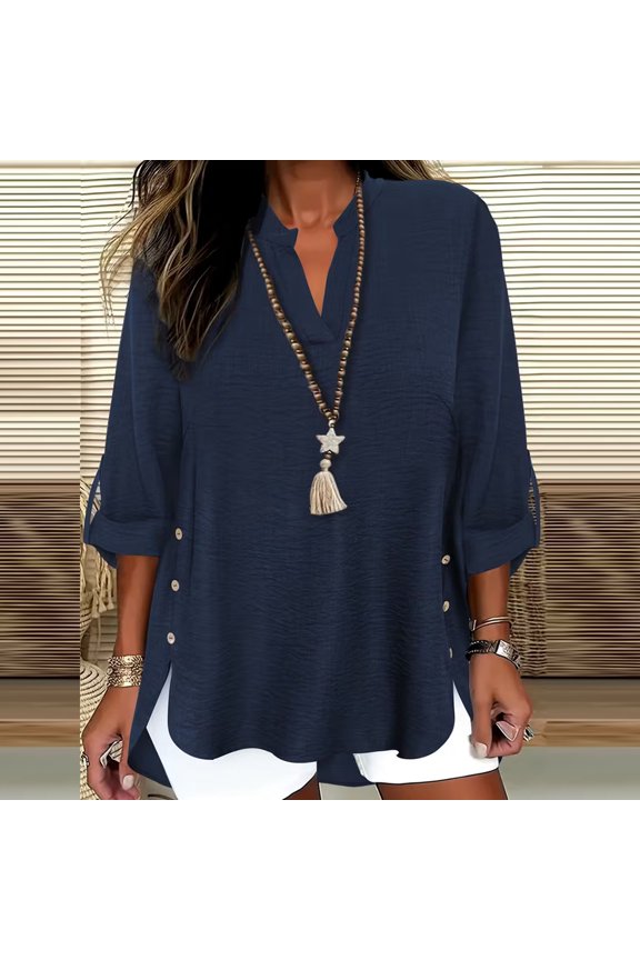 Women's 3/4 Sleeve Tops Solid Color Button Split Slit Sides Blouse Loose Fit Casual V Neck Pullover Tunic Top