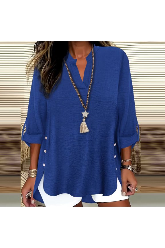 Women's 3/4 Sleeve Tops Solid Color Button Split Slit Sides Blouse Loose Fit Casual V Neck Pullover Tunic Top
