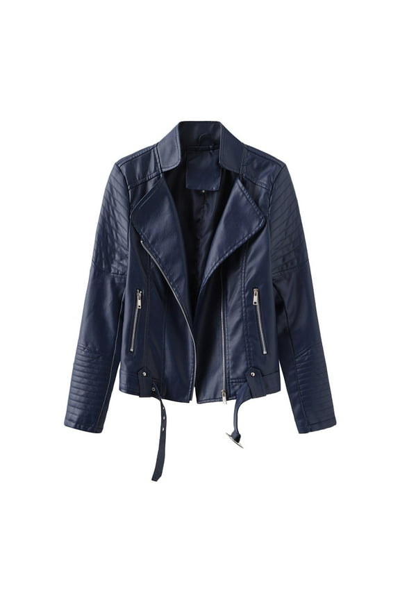 Women's Belted Leather Jackets Long Sleeve Lapel Street Biker Coat Lightweight Casual Motorcycle Jacket Navy XXL