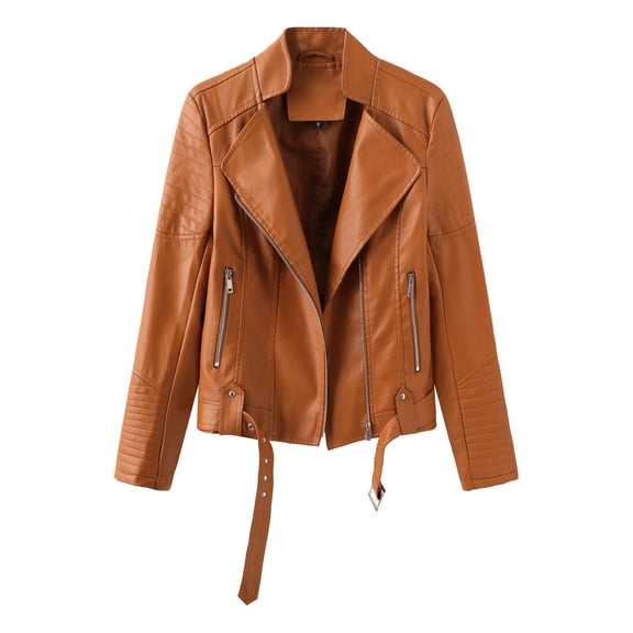 gbyLJF Women's Belted Leather Jackets Long Sleeve Lapel Street Biker Coat Lightweight Casual Motorcycle Jacket Orange XL