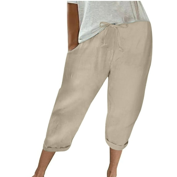 gbyLJF Women‘s Bermuda Shorts Knee Length Casual Pants Summer Elastic Waist Beach Cotton Linen Capris with Pockets A01_Khaki S