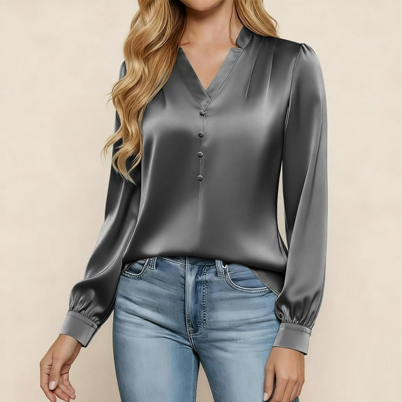 gbyLJF Women's Blouses Dressy Casual Satin Silk Long Sleeve Shirts Business Casual Tops Solid Color V Neck Tops for Work Office
