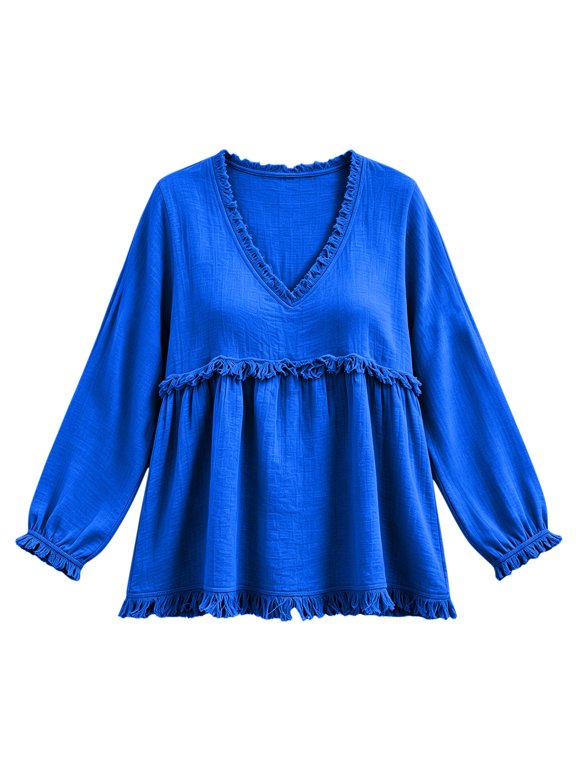 Women's Boho Western Fringe Tops V Neck Long Sleeve Fall Shirts Frayed Trim Dressy Casual Blouse