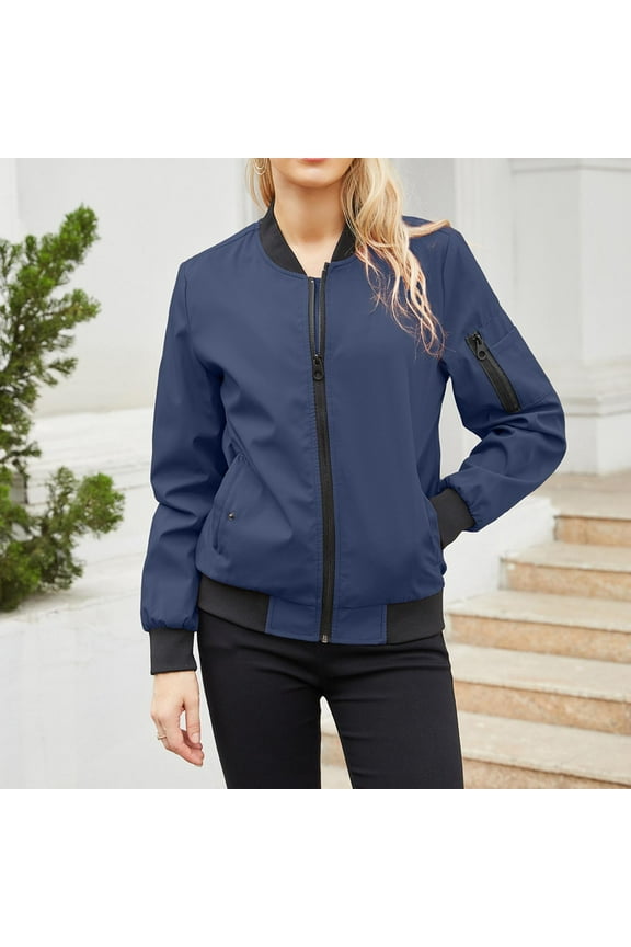Women's Bomber Lightweight Jackets Full Zip Up with Pockets Casual Fall Jacket Windbreaker with Pockets