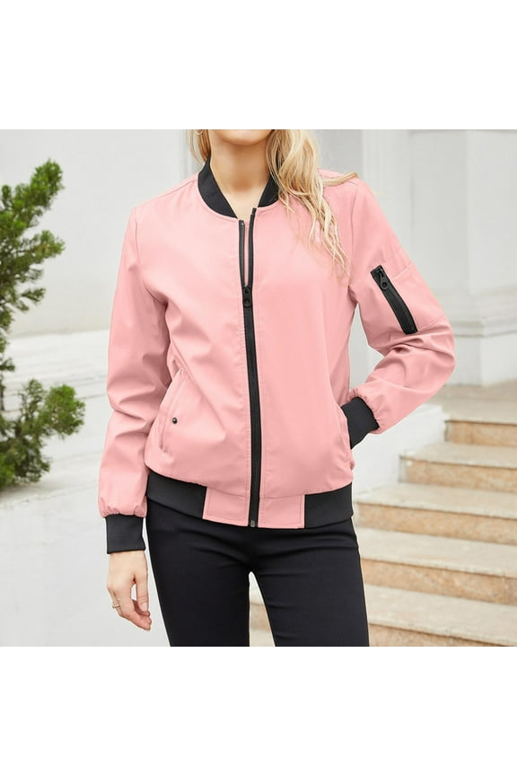 Women's Bomber Lightweight Jackets Full Zip Up with Pockets Casual Fall Jacket Windbreaker with Pockets