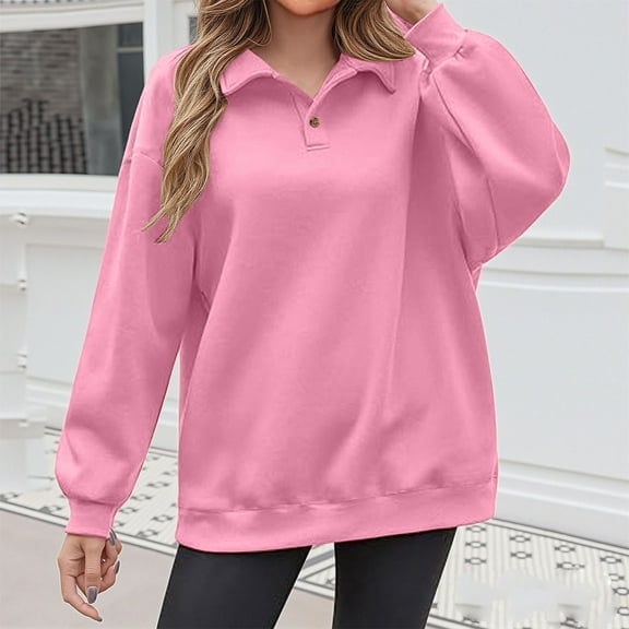 gbyLJF Women's Button Collar Sweater Large Size Solid Color Long Sleeve Lapel Pullover Tops Fashion Loose Comfy Sweatshirt