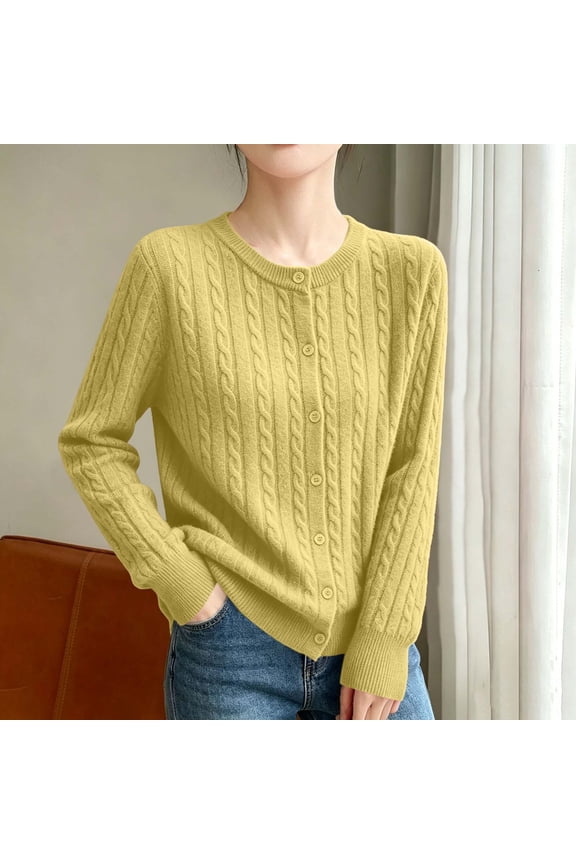 Women's Button Down Cardigan Sweaters Cable Knit Sweater Long Sleeve Round Neck Tops