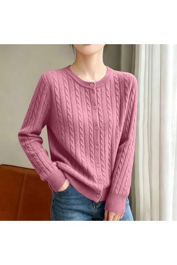 Women's Button Down Cardigan Sweaters Cable Knit Sweater Long Sleeve Round Neck Tops