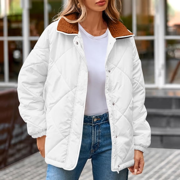 gbyLJF Women's Button Down Puffer Jackets Solid Color Lapel Quilted Down Jacket Winter Padded Coat Outerwear with Pockets