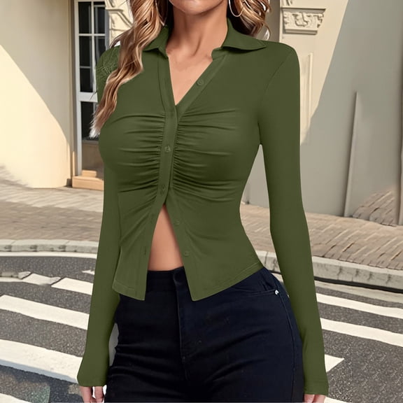 gbyLJF Women's Button Down Shirts Slim Fit Long Sleeve V-neck Blouse Casual Full Open Solid Color Pleated Tops Fashion Clothes