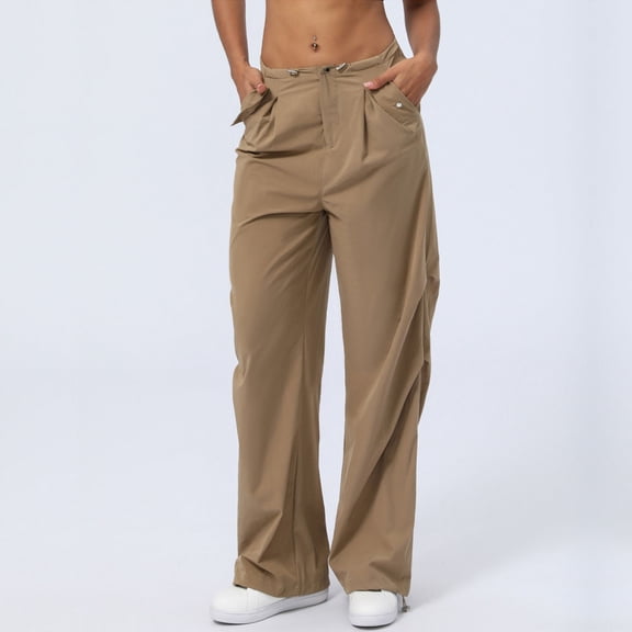 gbyLJF Women's Cargo Pants Solid Color Elastic Waist Drawstring Straight Leg Pants Casual Trousers with Pockets