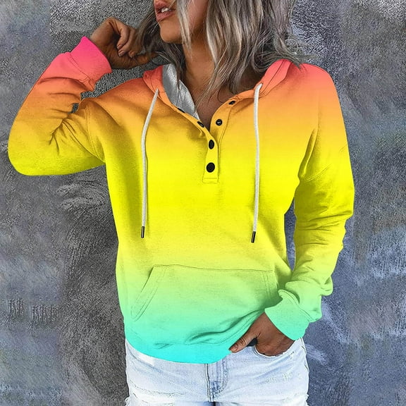 gbyLJF Women's Casual Hoodies Gradient Color Printed Long Sleeve Sweatshirts Half-button Drawstring Hooded Pullover with Pocket