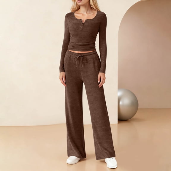 gbyLJF Women's Casual Outfits Round Neck Button Pullover and Elastic Waisted Pants 2 Piece Solid Color Sweatsuit Sets Women Set