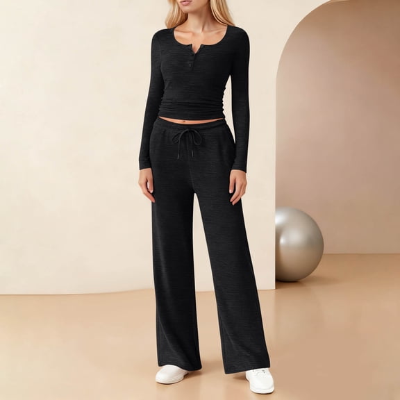 gbyLJF Women's Casual Outfits Round Neck Button Pullover and Elastic Waisted Pants 2 Piece Solid Color Sweatsuit Sets Women Set