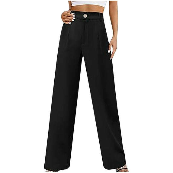 gbyLJF Women's Casual Wide Leg Pants Solid Color Button High Waisted Trousers Daily Business Work Long Pants