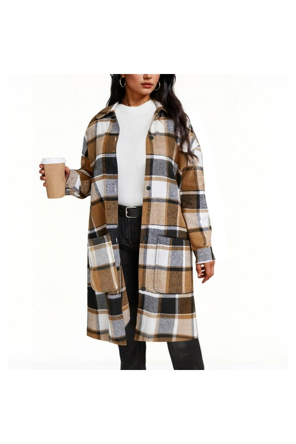 Women's Checkered Print Long Coat Casual Loose Button Down Lapel Jackets Fall Fashion Long Sleeve Coats with Pockets Winter Outwear