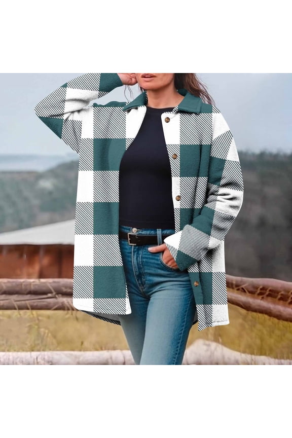 Women's Checkered Flannel Coat Mid-length Button Down Laple Long Sleeve Jackets Casual Loose Fit Jacket with Pockets