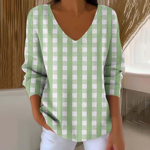 gbyLJF Women's Checkered Printed Knitted Sweater Casual Loose Comfortable V-neck Long Sleeve Pullover Fall Winter Base Layer Shirts Top