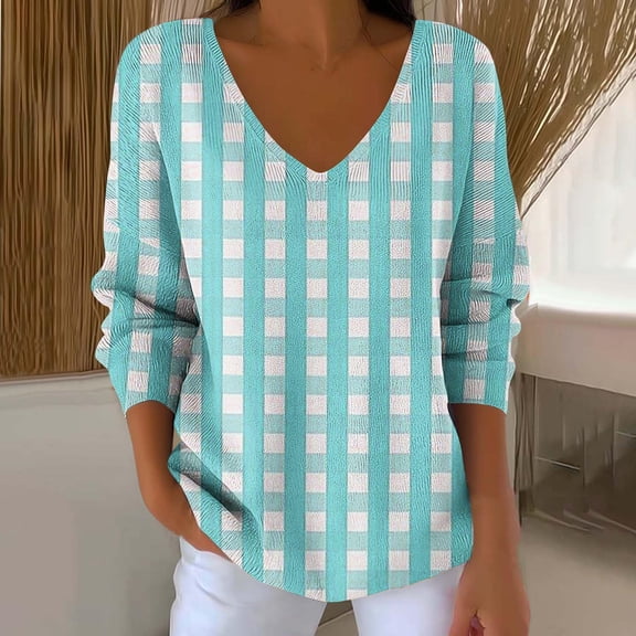 gbyLJF Women's Checkered Printed Knitted Sweater Casual Loose Comfortable V-neck Long Sleeve Pullover Fall Winter Base Layer Shirts Top