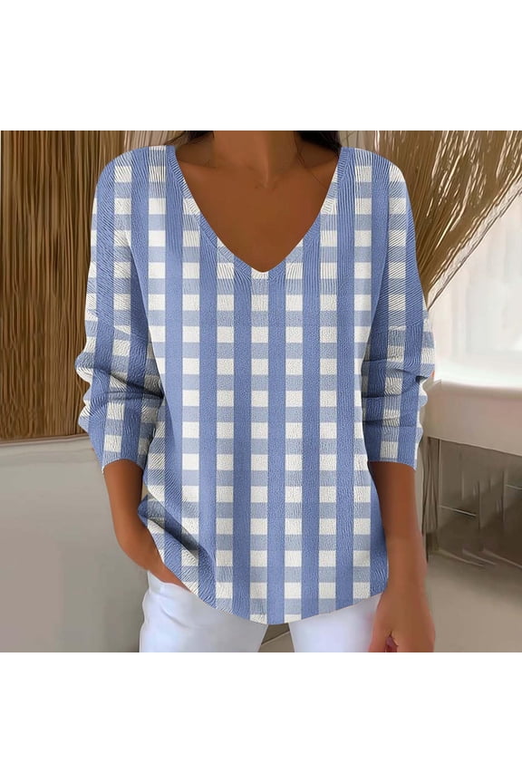 Women's Checkered Printed Knitted Sweater Casual Loose Comfortable V-neck Long Sleeve Pullover Fall Winter Base Layer Shirts Top