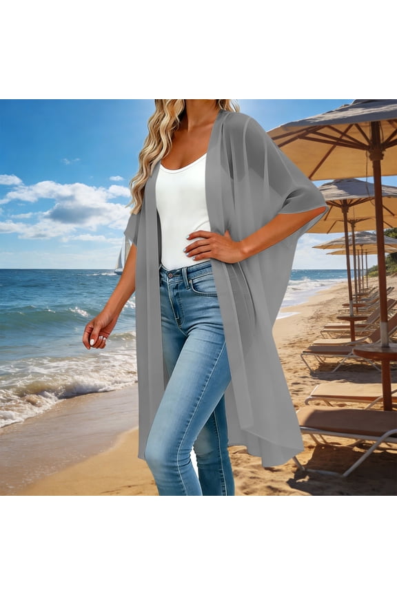 Women's Chiffon Blouse Lightweight Solid Color Half Sleeve Summer Open Front Cardigan Beach Vacation Long Cover-Up Tops Gray,S