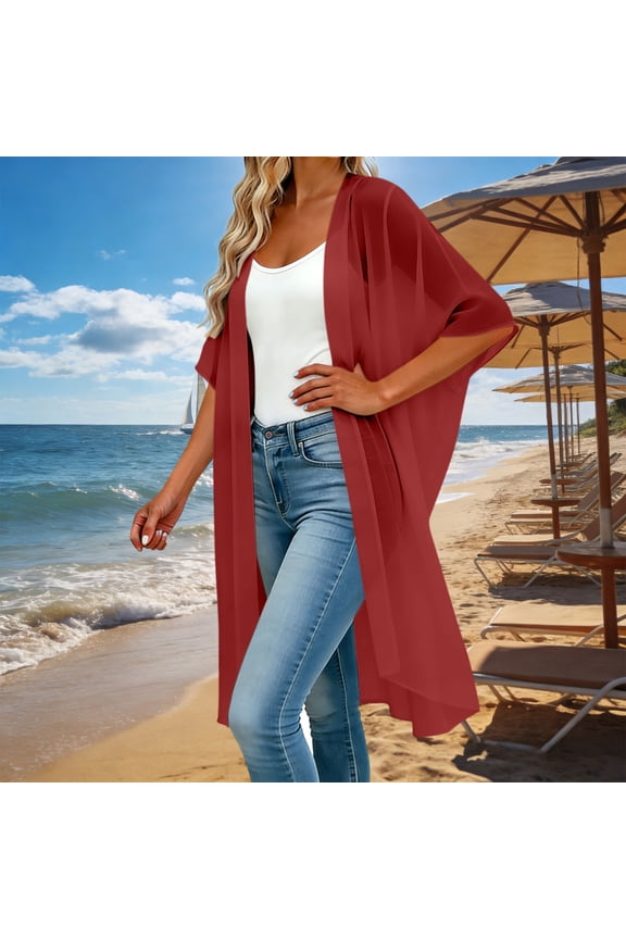 Women's Chiffon Blouse Lightweight Solid Color Half Sleeve Summer Open Front Cardigan Beach Vacation Long Cover-Up Tops Red,S