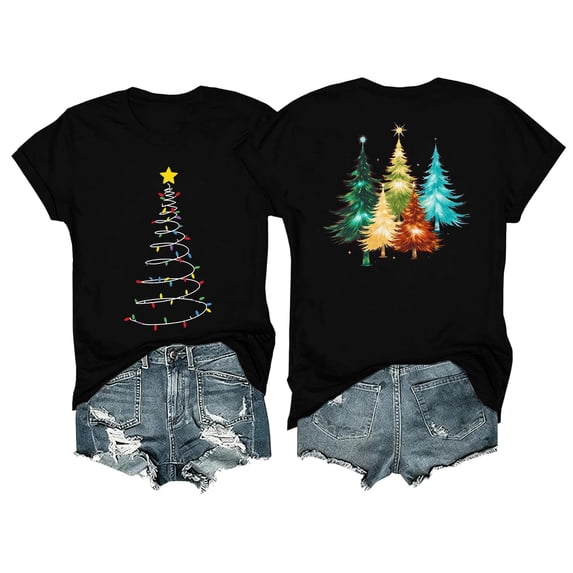gbyLJF Women's Christmas Tree Shirts Pine Tree Back Print Tees Lights Bright Short Sleeve Xmas Holiday Tops