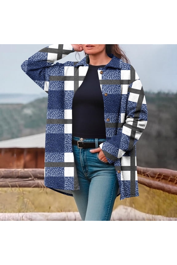 Women's Color Block Checkered Jacket Mid-length Button Down Laple Long Sleeve Coats Loose Fit Flannel Jacket with Pockets