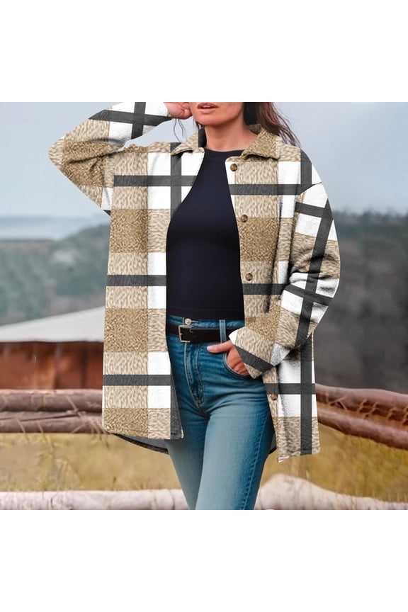Women's Color Block Checkered Jacket Mid-length Button Down Laple Long Sleeve Coats Loose Fit Flannel Jacket with Pockets
