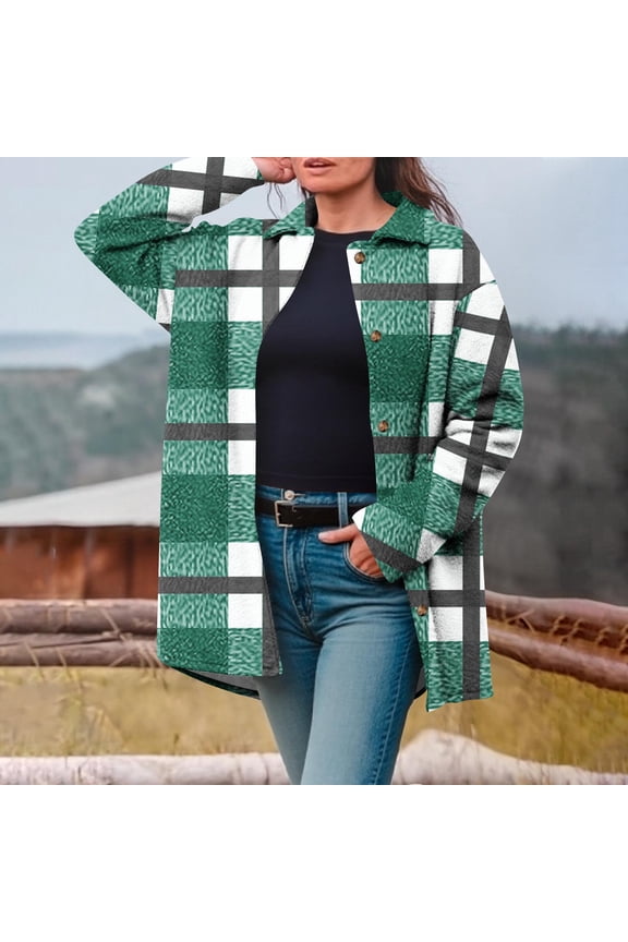 Women's Color Block Checkered Jacket Mid-length Button Down Laple Long Sleeve Coats Loose Fit Flannel Jacket with Pockets