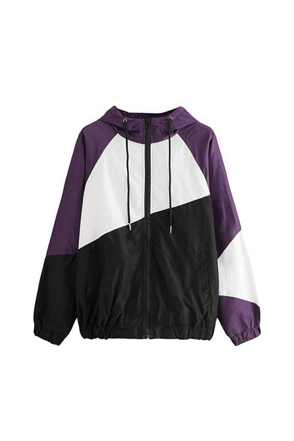 Women's Color Block Drawstring Hooded Jackets Full Zip Up Sports Jacket Coat Windproof Windbreaker Outerwear with Pockets