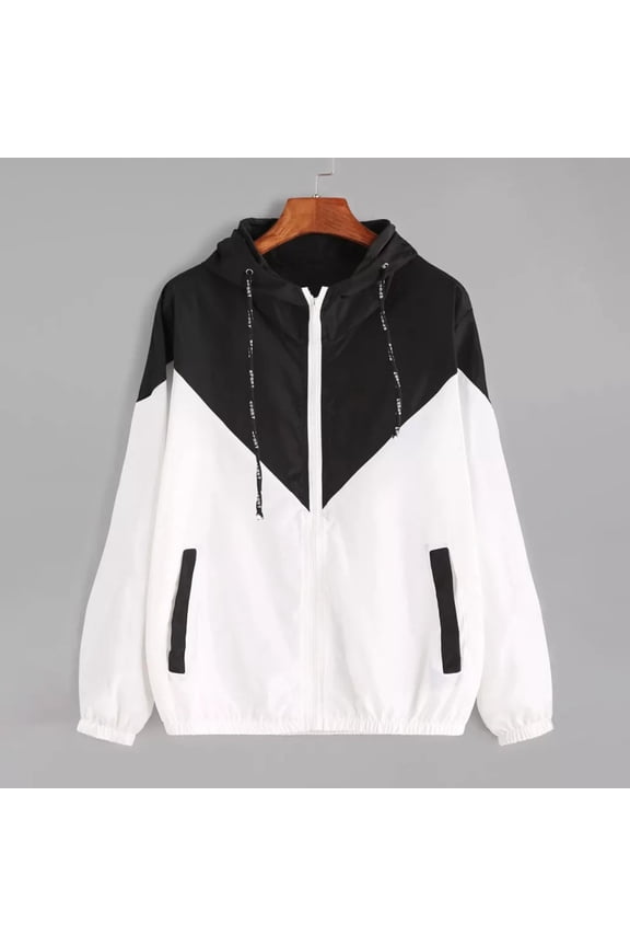 Women's Color Block Drawstring Hooded Jackets Full Zip Up Sports Jacket Coat Windproof Windbreaker Outerwear with Pockets