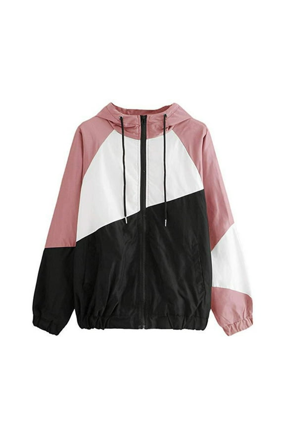 Women's Color Block Drawstring Hooded Jackets Full Zip Up Sports Jacket Coat Windproof Windbreaker Outerwear with Pockets