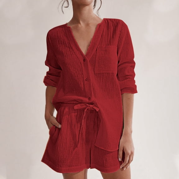 gbyLJF Women's Cotton Casual Sets Button Down Blouse Drawstring Shorts with Pockets 2 Piece Summer Outfits Beach Vacation Sets