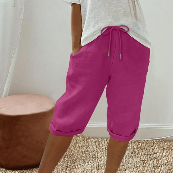 gbyLJF Women's Cotton Linen Capri Pants Summer Lightweight Loose Fit Cropped Pants Casual Knee Length Sweatpants with Pockets
