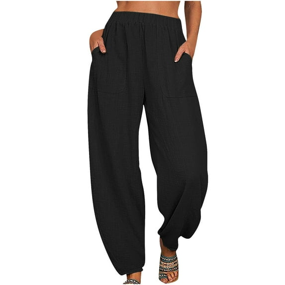 gbyLJF Women's Cotton Linen Harem Pants Fall Casual Loose Fit High Waisted Pants Baggy Lounge Trousers with Pockets Black L